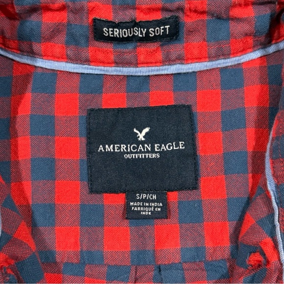 American Eagle Seriously Soft Button Down Plaid Shirt, Red, Mens Small - Picture 7 of 8